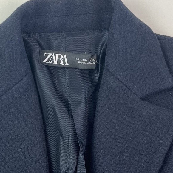 Zara Coat Wool Blend Long Dark Navy Blue One Gold Button Lined Womens L 8367/734 - Picture 11 of 12
